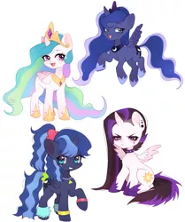 Size: 3180x3810 | Tagged: safe, artist:winnievincent, derpibooru import, princess celestia, princess luna, alicorn, pony, 80s princess luna, alternate hairstyle, angry, crown, cute, female, heart eyes, high res, image, jewelry, mare, open mouth, png, ponytail, punklestia, regalia, royal sisters, siblings, simple background, sisters, smiling, white background, wingding eyes