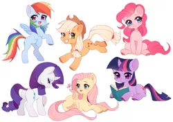 Size: 5400x3810 | Tagged: safe, artist:winnievincent, derpibooru import, applejack, fluttershy, pinkie pie, rainbow dash, rarity, twilight sparkle, butterfly, earth pony, insect, pegasus, pony, unicorn, absurd resolution, book, cute, female, heart eyes, image, lying down, mane six, mare, png, prone, reading, simple background, smiling, unicorn twilight, white background, wingding eyes