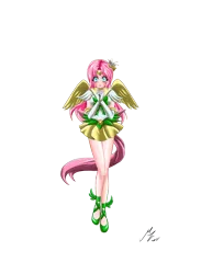 Size: 1976x2705 | Tagged: safe, alternate version, artist:mauroz, derpibooru import, part of a set, fluttershy, human, anime, breasts, clothes, cosplay, costume, gloves, humanized, image, png, sailor moon, sailor scout, simple background, transparent background, winged humanization, wings
