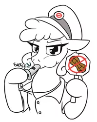 Size: 524x659 | Tagged: safe, artist:jargon scott, derpibooru import, oc, unofficial characters only, earth pony, pony, black and white, clothes, female, floppy ears, grayscale, hat, image, jpeg, mare, monochrome, neo noir, no nut november, nut, partial color, puffy cheeks, sign, simple background, solo, uniform, whistle, white background