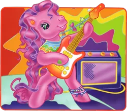 Size: 778x681 | Tagged: safe, derpibooru import, official, skywishes, earth pony, acid trip, amp, bow, clothes, colorful, curly hair, curly mane, friendship bracelet, g3, green eyes, guitar, image, kite string, long mane, musical instrument, neon, pink hair, png, purple coat, purple hair, shirt, simple background, sky wishes, solo, standing, tie dye, transparent background, t-shirt