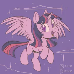 Size: 1280x1280 | Tagged: safe, artist:imvicka, derpibooru import, twilight sparkle, twilight sparkle (alicorn), alicorn, pony, cloud, colored pupils, cute, female, flying, image, mare, open mouth, png, sky, solo, spread wings, stars, twiabetes, wings