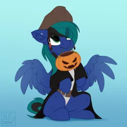 Size: 3500x3500 | Tagged: safe, artist:airfly-pony, derpibooru import, oc, oc:ender, pegasus, pony, begging, candy bag, clothes, costume, cute, halloween, halloween costume, hat, holiday, image, jack sparrow, jack-o-lantern, male, pegasus oc, pirate, pirate hat, pirates of the caribbean, png, pumpkin, spread wings, stallion, trick or treat, wings