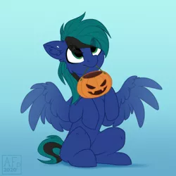 Size: 3500x3500 | Tagged: safe, artist:airfly-pony, derpibooru import, oc, oc:ender, pegasus, pony, begging, candy bag, cute, halloween, holiday, image, jack sparrow, jack-o-lantern, male, pegasus oc, png, pumpkin, spread wings, stallion, trick or treat, wings