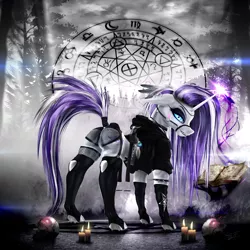 Size: 3200x3200 | Tagged: safe, artist:lexifyrestar, derpibooru import, oc, oc:lexi fyrestar, pony, unicorn, book, bridle, candle, clothes, collar, dark magic, female, fog, forest, image, magic, mare, pentagram, png, saddle, skull, socks, spikes, straps, tack, tree, wicca, witch, witchcraft