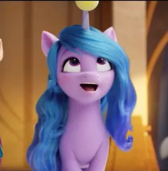Size: 823x841 | Tagged: safe, derpibooru import, screencap, izzy moonbow, pony, unicorn, g5, my little pony: a new generation, ball, castle, cute, female, happy, image, izzy moonbutt, izzy's tennis ball, izzybetes, jpeg, looking at something, mare, smiling, solo, tennis ball, zephyr heights