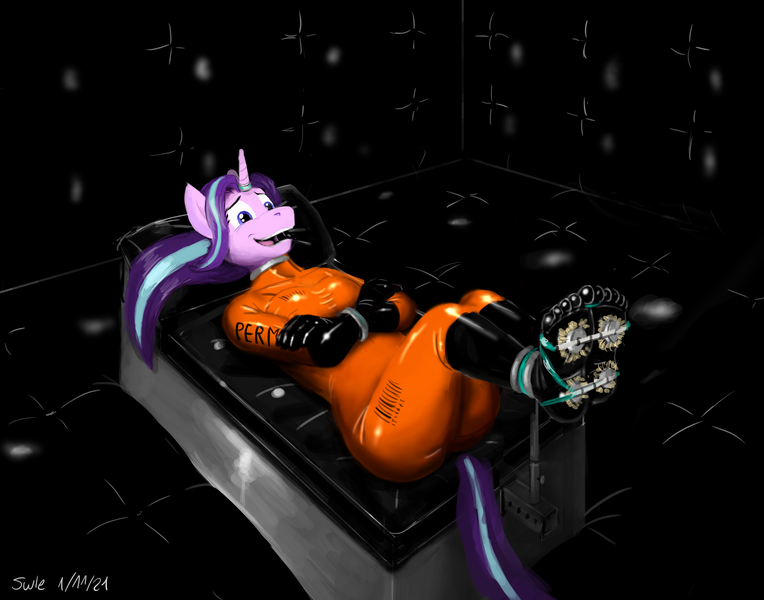 Size: 7000x5500 | Tagged: questionable, alternate version, artist:suule, derpibooru import, starlight glimmer, anthro, plantigrade anthro, unicorn, absurd resolution, bondage, commissioner:caroo, encasement, female, fetish, horn, horn ring, image, jewelry, latex, latex suit, laughing, lying down, magic suppression, on back, open mouth, open smile, padded cell, permanent, permanent bondage, png, prisoner, ring, smiling, solo, solo female, tickle fetish, tickle torture, tickling, tickling machine