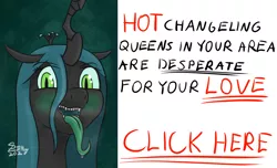 Size: 2400x1460 | Tagged: safe, artist:doomlemon, derpibooru import, queen chrysalis, changeling, changeling queen, abstract background, blushing, bronybait, bust, clickbait, drool, female, image, long tongue, looking at you, meme, open mouth, png, ponified meme, sharp teeth, signature, solo, teeth, tongue out