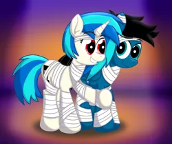 Size: 7906x6600 | Tagged: safe, artist:agkandphotomaker2000, derpibooru import, vinyl scratch, oc, oc:pony video maker, pegasus, pony, unicorn, canon x oc, clothes, costume, female, halloween, halloween costume, holding arm, holiday, image, looking at each other, male, mummy, mummy costume, nightmare night, png, shipping, straight, videoscratch