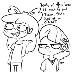 Size: 792x792 | Tagged: safe, artist:tjpones, derpibooru import, apple bloom, diamond tiara, human, black and white, dialogue, diamond tiara is not amused, duo, female, freckles, frown, grayscale, humanized, image, lidded eyes, monochrome, open mouth, open smile, png, simple background, smiling, tooth gap, vulgar, white background