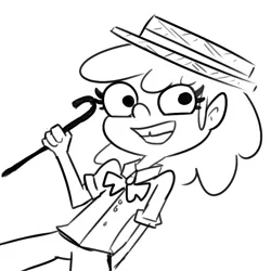 Size: 792x792 | Tagged: safe, artist:tjpones, derpibooru import, apple bloom, human, black and white, bowtie, cane, female, freckles, grayscale, hat, humanized, image, monochrome, png, simple background, smiling, solo, tooth gap, white background