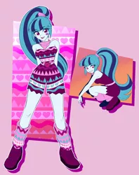 Size: 3400x4300 | Tagged: safe, artist:rileyav, derpibooru import, sonata dusk, equestria girls, camp fashion show outfit, eye clipping through hair, eyebrows, eyebrows visible through hair, female, grin, high res, image, looking at you, open mouth, open smile, pink background, png, simple background, smiling, smiling at you, solo
