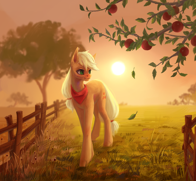 Size: 2600x2400 | Tagged: safe, artist:inarimayer, derpibooru import, applejack, earth pony, pony, apple, apple tree, bandana, falling leaves, female, food, hatless, image, leaves, mare, missing accessory, png, solo, sunset, tree