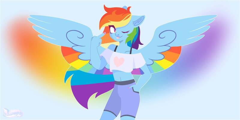 Size: 2000x1000 | Tagged: safe, artist:fourteennails, derpibooru import, rainbow dash, anthro, pegasus, pony, clothes, colored wings, female, image, jpeg, looking at you, mare, middle finger, midriff, multicolored wings, one eye closed, rainbow wings, shorts, solo, tongue out, vulgar, wings, wink, winking at you