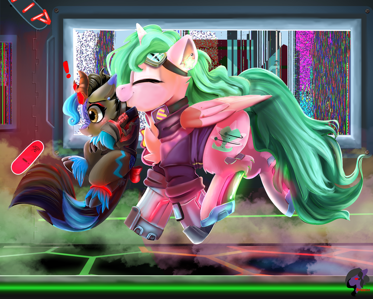 Size: 2364x1896 | Tagged: safe, artist:brainiac, artist:captainhoers, derpibooru import, oc, oc:pepper, oc:starburst (fusion), alicorn, kirin, 4 eyes, behaving like a cat, collaboration, collar, cute, cybernetic legs, cyberpunk, digital art, digital painting, error, female, fusion, glitch, glow bracelets, goggles, hacker, headphones, image, implied lesbian, implied oc:atom smasher, implied oc:candy chip, neon, ocbetes, png, scruff, shipping, shipping fuel, smoke