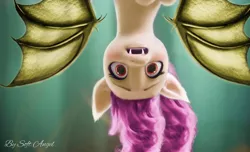 Size: 3191x1940 | Tagged: safe, artist:soft_angel, derpibooru import, edit, edited screencap, screencap, fluttershy, bat pony, pony, my little pony: a new generation, bat ponified, bat wings, female, flutterbat, g4 to g5, g5, image, mare, open mouth, png, race swap, scared, sharp teeth, solo, teeth, upside down, wings