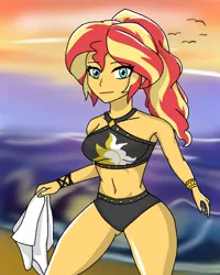 Size: 2000x2500 | Tagged: safe, artist:artevi, derpibooru import, sunset shimmer, bird, human, equestria girls, beach, beach shorts swimsuit, clothes, image, looking at you, ocean, png, solo, sunset, sunset shimmer's beach shorts swimsuit, swimsuit, towel