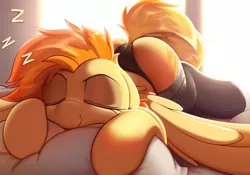 Size: 4000x2800 | Tagged: suggestive, artist:imadeus, derpibooru import, spitfire, pegasus, pony, adorasexy, butt, clothes, cute, cutefire, female, high res, image, lingerie, panties, pillow, plot, png, sexy, sleeping, smiling, socks, solo, solo female, spread wings, stockings, thigh highs, underwear, wings