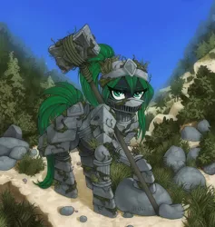 Size: 1214x1280 | Tagged: safe, artist:pony straponi, derpibooru import, oc, oc:sekai, unofficial characters only, pony, armor, armored pony, commission, detailed background, grass, green eyes, green mane, hummer, image, jpeg, moss, nature, sky, solo, stone, weapon