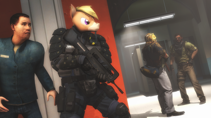 Size: 2560x1440 | Tagged: safe, artist:artempredator, derpibooru import, oc, oc:nickyequeen, anthro, donkey, pony, 3d, base, building, commissioner:nickyequeen, counter-strike, counter-strike: global offensive, famas, french, gign, gun, hostage, image, interior, male, png, rescue, rifle, source filmmaker, stealth, terrorist, weapon