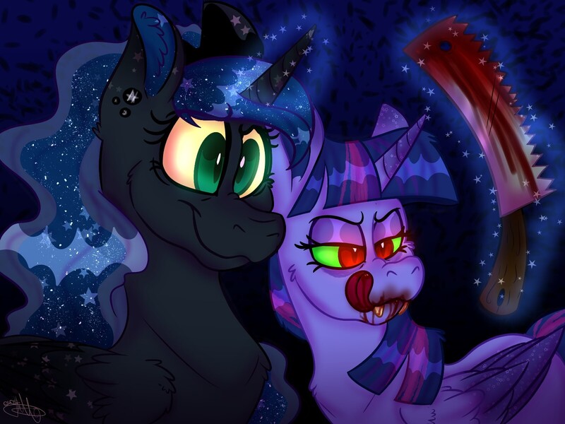 Size: 1600x1200 | Tagged: semi-grimdark, artist:millefaller, derpibooru import, princess luna, twilight sparkle, twilight sparkle (alicorn), alicorn, pony, bedroom eyes, bust, corrupted twilight sparkle, duo, ethereal mane, eyelashes, fangs, female, glow, glowing horn, horn, image, jewelry, jpeg, licking, licking lips, magic, mare, nightmare luna, starry mane, telekinesis, tiara, tongue out, wide eyes