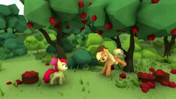 Size: 1920x1080 | Tagged: safe, artist:octaviarenaiss1, derpibooru import, apple bloom, applejack, earth pony, pony, 3d, apple, apple tree, applebucking, female, filly, food, image, jpeg, mare, rolling line, siblings, sisters, sweet apple acres, tree