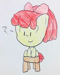 Size: 542x677 | Tagged: safe, artist:pippiminafowell, derpibooru import, apple bloom, earth pony, pony, chair, female, filly, image, jpeg, question mark, sitting, solo, traditional art