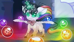 Size: 3810x2160 | Tagged: safe, artist:schokocream, derpibooru import, oc, oc:lightning bliss, alicorn, pony, alicorn oc, female, glow, glowing horn, horn, image, indoors, magic, mare, png, solo, sombra eyes, spread wings, story included, telekinesis, wings