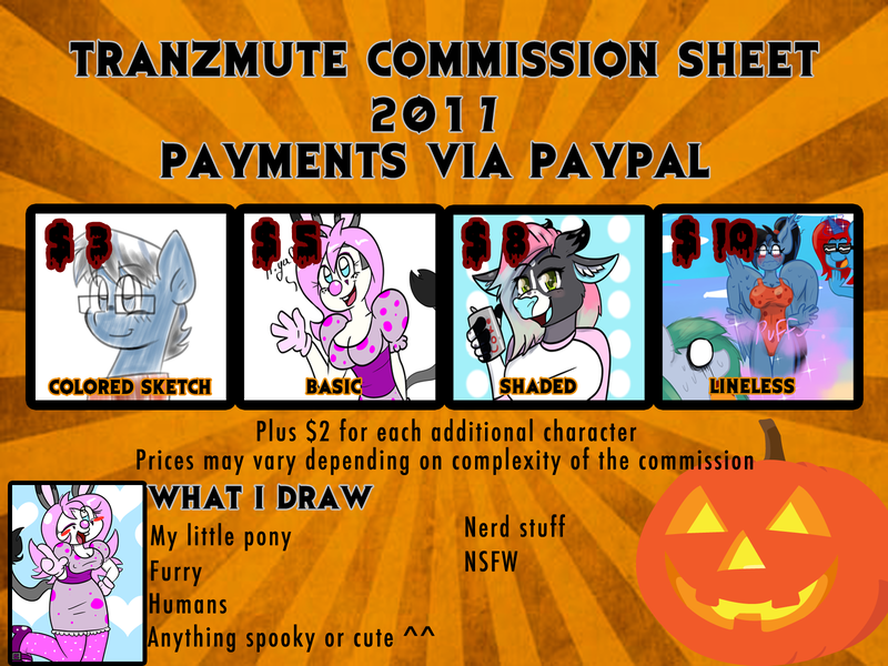 Size: 1600x1200 | Tagged: safe, artist:tranzmuteproductions, derpibooru import, oc, unofficial characters only, cow, pony, rabbit, advertisement, animal, anthro with ponies, bust, clothes, commission info, female, glasses, image, male, png, pumpkin, stallion, sunburst background, swimsuit, waving, white eyes