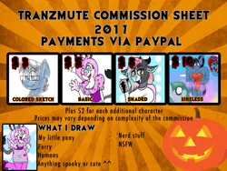 Size: 1600x1200 | Tagged: safe, artist:tranzmuteproductions, derpibooru import, oc, unofficial characters only, cow, pony, rabbit, advertisement, animal, anthro with ponies, bust, clothes, commission info, female, glasses, image, male, png, pumpkin, stallion, sunburst background, swimsuit, waving, white eyes