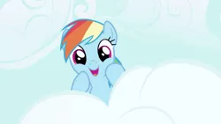 Size: 1920x1080 | Tagged: safe, derpibooru import, screencap, rainbow dash, pegasus, pony, friendship is magic, season 1, cloud, cute, dashabetes, female, happy, image, looking at you, looking down, looking down at you, png, seeing down, sky, smiling, solo