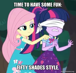 Size: 699x675 | Tagged: safe, derpibooru import, edit, edited screencap, screencap, fluttershy, sci-twi, twilight sparkle, equestria girls, equestria girls series, stressed in show, blindfold, caption, image, image macro, png, text