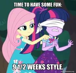 Size: 699x675 | Tagged: safe, derpibooru import, edit, edited screencap, screencap, fluttershy, sci-twi, twilight sparkle, equestria girls, equestria girls series, stressed in show, blindfold, caption, image, image macro, png, text