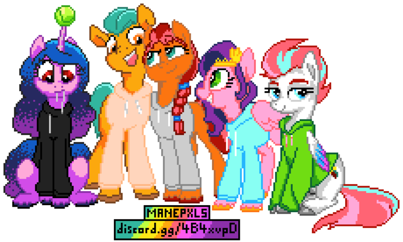 Size: 1150x690 | Tagged: safe, artist:briskby, artist:epicvon, artist:pfeffaroo, artist:rustydooks, derpibooru import, hitch trailblazer, izzy moonbow, pipp petals, sunny starscout, zipp storm, earth pony, pegasus, pony, unicorn, ball, braided ponytail, clothes, cute, female, g5, grin, hoodie, horn, horn guard, horn impalement, hornball, image, izzy's tennis ball, looking at you, male, manepxls, mare, mouth hold, open mouth, pixel art, png, pxls.space, simple background, sitting, smiling, stallion, teeth, tennis ball, transparent background, unshorn fetlocks