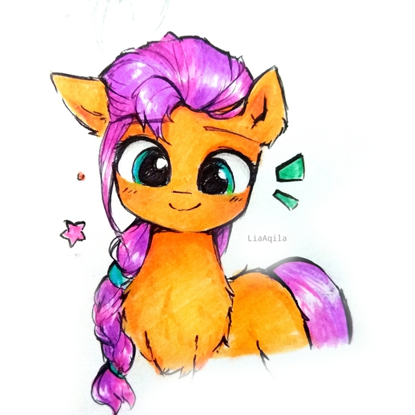 Size: 2781x2781 | Tagged: safe, artist:liaaqila, derpibooru import, sunny starscout, earth pony, pony, spoiler:g5, chest fluff, commission, cute, female, fluffy, g5, image, jpeg, looking at you, mare, simple background, smiling, smiling at you, solo, sunnybetes, traditional art, white background