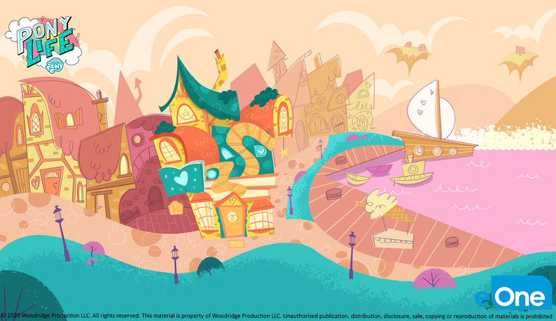 Size: 2073x1200 | Tagged: safe, artist:emiliesart, derpibooru import, official, my little pony: pony life, background, boat, concept art, eone, image, jpeg, my little pony logo, no pony, ponyville