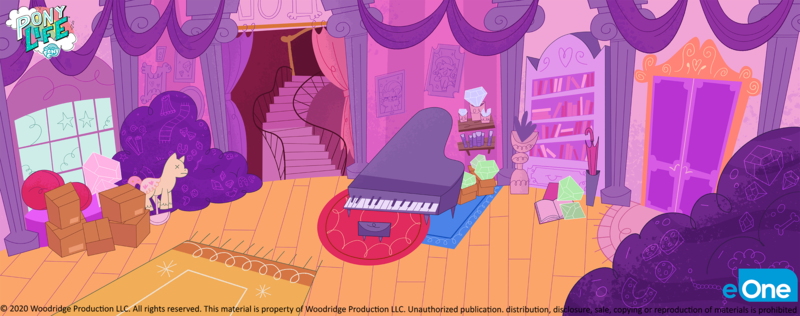 Size: 3040x1200 | Tagged: safe, artist:emiliesart, derpibooru import, official, my little pony: pony life, background, bookshelf, box, concept art, eone, gem, image, mannequin, musical instrument, my little pony logo, no pony, piano, png, rarity's house