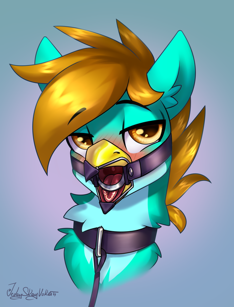 Size: 2000x2624 | Tagged: questionable, artist:jedayskayvoker, derpibooru import, oc, oc:goldie, gryphon, beak, bust, gag, gradient background, griffon oc, icon, image, looking at you, male, png, portrait, ring gag, solo