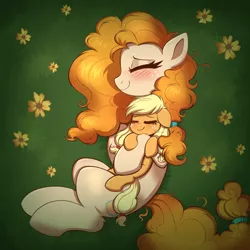 Size: 4000x4000 | Tagged: safe, artist:confetticakez, derpibooru import, applejack, pear butter, earth pony, pony, absurd resolution, blushing, cute, duo, duo female, eyes closed, female, filly, filly applejack, flower, freckles, grass, hug, image, jackabetes, lying down, mare, mother and child, mother and daughter, pearabetes, png, side, smiling, younger
