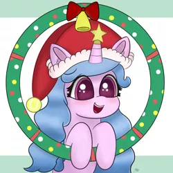Size: 2160x2160 | Tagged: safe, artist:limitmj, derpibooru import, izzy moonbow, pony, unicorn, my little pony: a new generation, :d, christmas, cute, eye clipping through hair, eyebrows, eyebrows visible through hair, female, g5, hat, high res, holiday, horn, image, izzybetes, mare, open mouth, open smile, palindrome get, png, smiling, solo