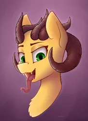 Size: 3093x4250 | Tagged: safe, artist:kviksi, derpibooru import, applejack, demon, earth pony, pony, bust, female, high res, image, looking at you, mare, open mouth, open smile, png, portrait, simple background, smiling, smiling at you, solo, tongue out, warhammer (game), warhammer 40k