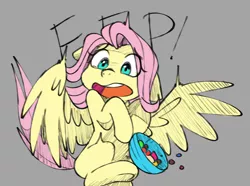 Size: 1280x951 | Tagged: safe, artist:chub-wub, derpibooru import, fluttershy, pegasus, pony, bowl, candy, crying, eep, female, food, gray background, halloween, holiday, image, jpeg, mare, missing cutie mark, open mouth, scared, screaming, simple background, solo