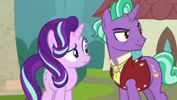 Size: 1920x1080 | Tagged: safe, derpibooru import, screencap, firelight, starlight glimmer, pony, unicorn, season 8, the parent map, spoiler:s08, father and child, father and daughter, female, image, male, mare, png, stallion, starlight is not amused, unamused