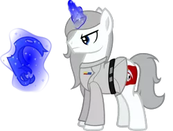 Size: 4953x3762 | Tagged: safe, artist:severity-gray, derpibooru import, oc, oc:feitanakin, unofficial characters only, pony, unicorn, armor, badge, belt, clothes, cutie mark, helmet, image, implied nightmare moon, magic, magic aura, png, scythe, simple background, skull, solo, transparent background, uniform