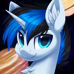 Size: 800x800 | Tagged: safe, artist:scarlet-spectrum, derpibooru import, oc, oc:solar gizmo, unofficial characters only, pony, unicorn, blue eyes, bust, chest fluff, commission, ear fluff, eyebrows, eyebrows visible through hair, headshot commission, horn, image, jpeg, looking at you, male, planet, portrait, smiling, smiling at you, solo, stallion, two toned mane, unicorn oc