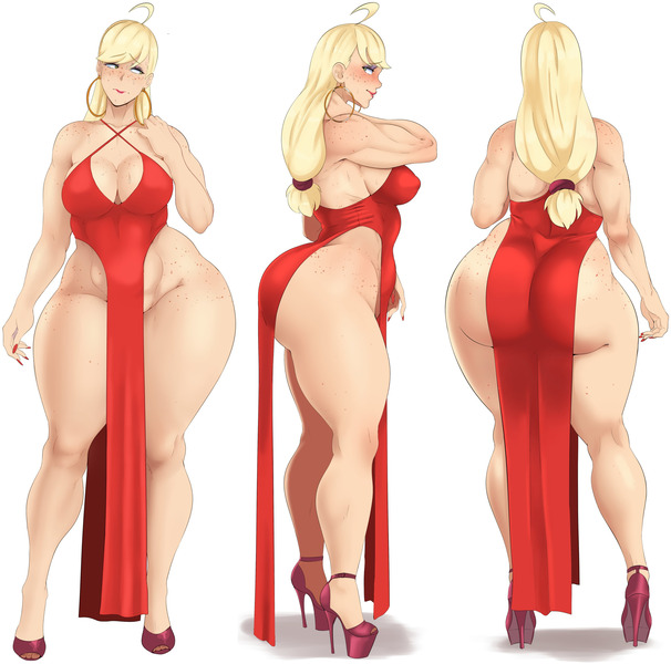 Size: 4032x3990 | Tagged: suggestive, artist:sundown, derpibooru import, edit, applejack, human, applebucking thighs, applebutt, blushing, breasts, busty applejack, butt, cleavage, combined images, female, huge butt, humanized, image, jpeg, large butt, perspective, red dress, solo, solo female, thighs, thunder thighs, wide hips