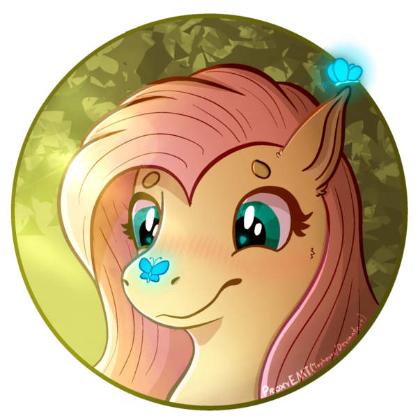 Size: 1931x1931 | Tagged: safe, artist:proxyemt, derpibooru import, fluttershy, butterfly, insect, pegasus, pony, blushing, bust, butterfly on nose, cute, image, insect on nose, png, shyabetes, simple background, solo, transparent background