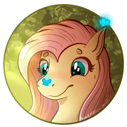 Size: 1931x1931 | Tagged: safe, artist:proxyemt, derpibooru import, fluttershy, butterfly, insect, pegasus, pony, blushing, bust, butterfly on nose, cute, image, insect on nose, png, shyabetes, simple background, solo, transparent background