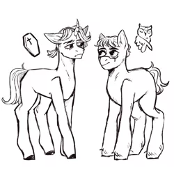 Size: 2048x2048 | Tagged: safe, artist:karamboll, derpibooru import, earth pony, pony, unicorn, aesop carl, crossover, eli clark, full body, horn, identity v, image, male, png, short hair, sketch