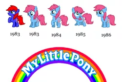 Size: 1200x808 | Tagged: safe, artist:piggyman54, derpibooru import, baby cuddles, earth pony, pony, 1980's, 1983, 1984, 1985, 1986, 80s, baby, baby pony, black text, confused, cuddlebetes, cute, evolution, female, filly, frown, g0 to g4, g1, g1 to g4, g4, generation leap, grin, image, logo, my little pony, my little pony logo, my pretty pony, open mouth, open smile, png, raised hoof, raised leg, sad, simple background, smiling, text, white background